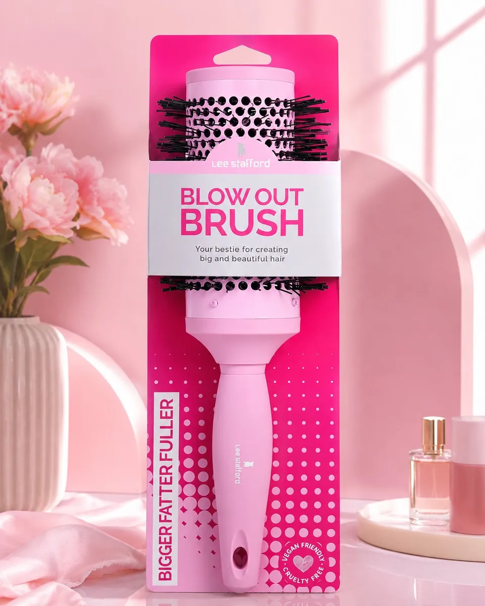 Różowa okrągła szczotka do włosów Lee Stafford Blow Out Brush z czarnym włosiem na różowym tle