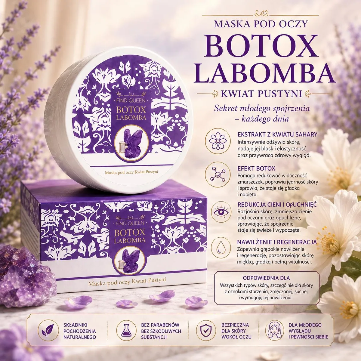 Fioletowo-biała maska pod oczy Botox Labomba z dekoracyjnym wzorem i opakowaniem na tle kwiatów