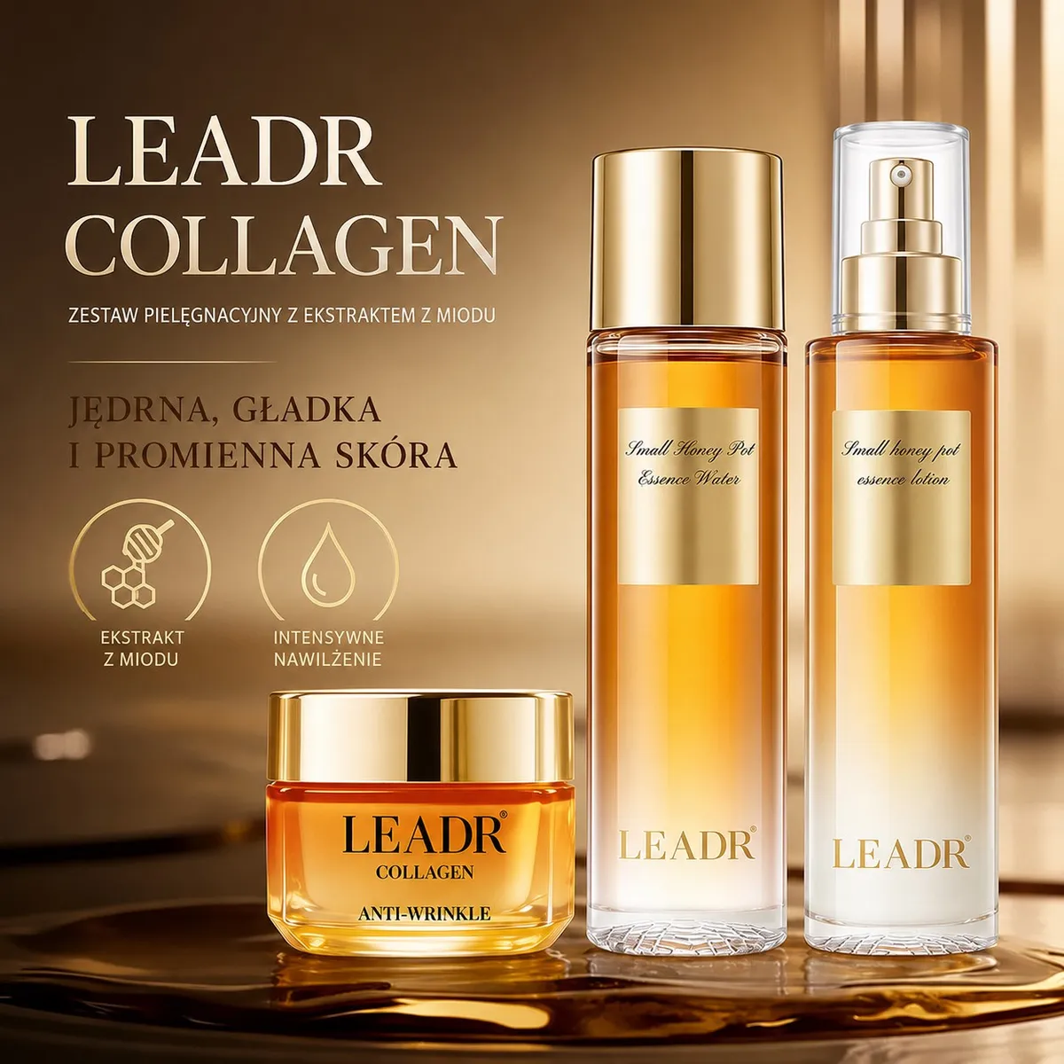 Zestaw kosmetyków LEADR COLLAGEN w złoto-bursztynowych butelkach i słoiczku na tle złotym