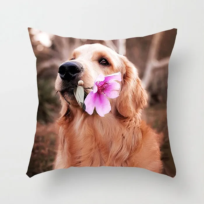 Poszewka dekoracyjna 40x40 cm z nadrukiem psa golden retriever trzymającego różowy kwiat
