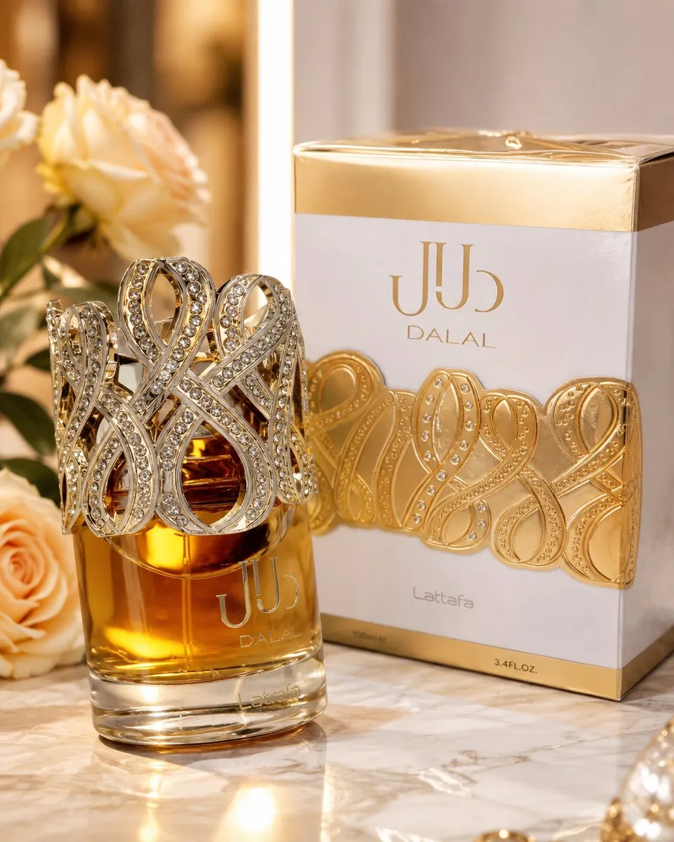Butelka perfum Lattafa Dalal 100ml z ozdobną złotą nakładką i kartonowe opakowanie w białym i złotym kolorze