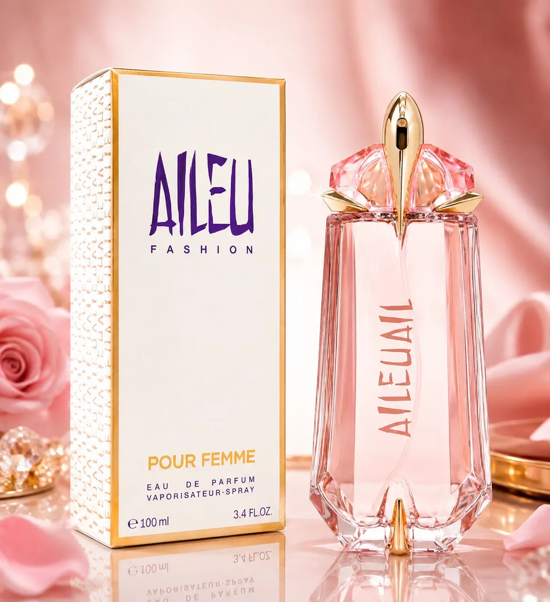 Perfumy AILEU Fashion Pour Femme 100ml w różowym flakonie ze złotym aplikatorem i białym opakowaniu