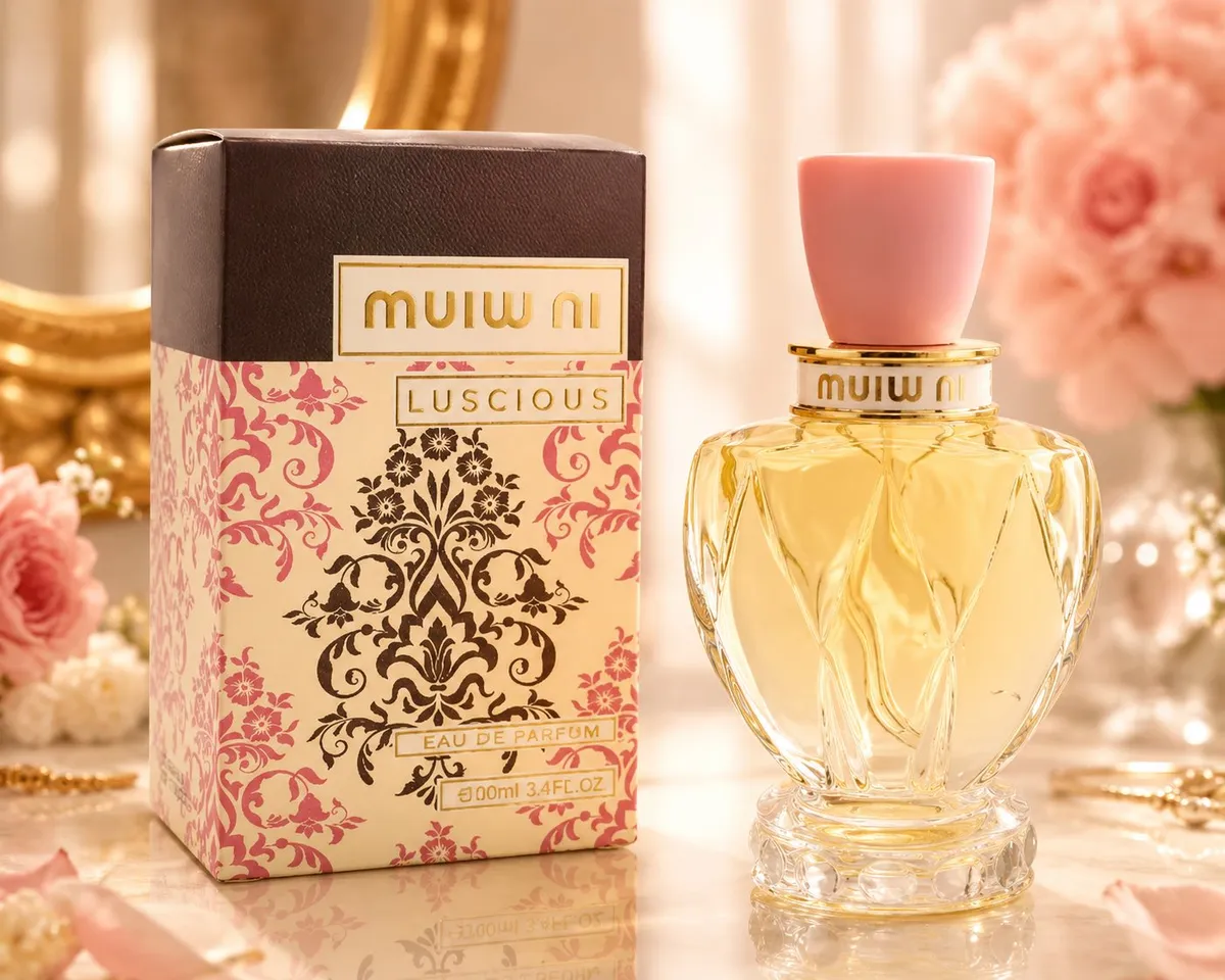 Perfumy Luscious 100ml w zdobionej butelce z różowym korkiem i kartonowym opakowaniem