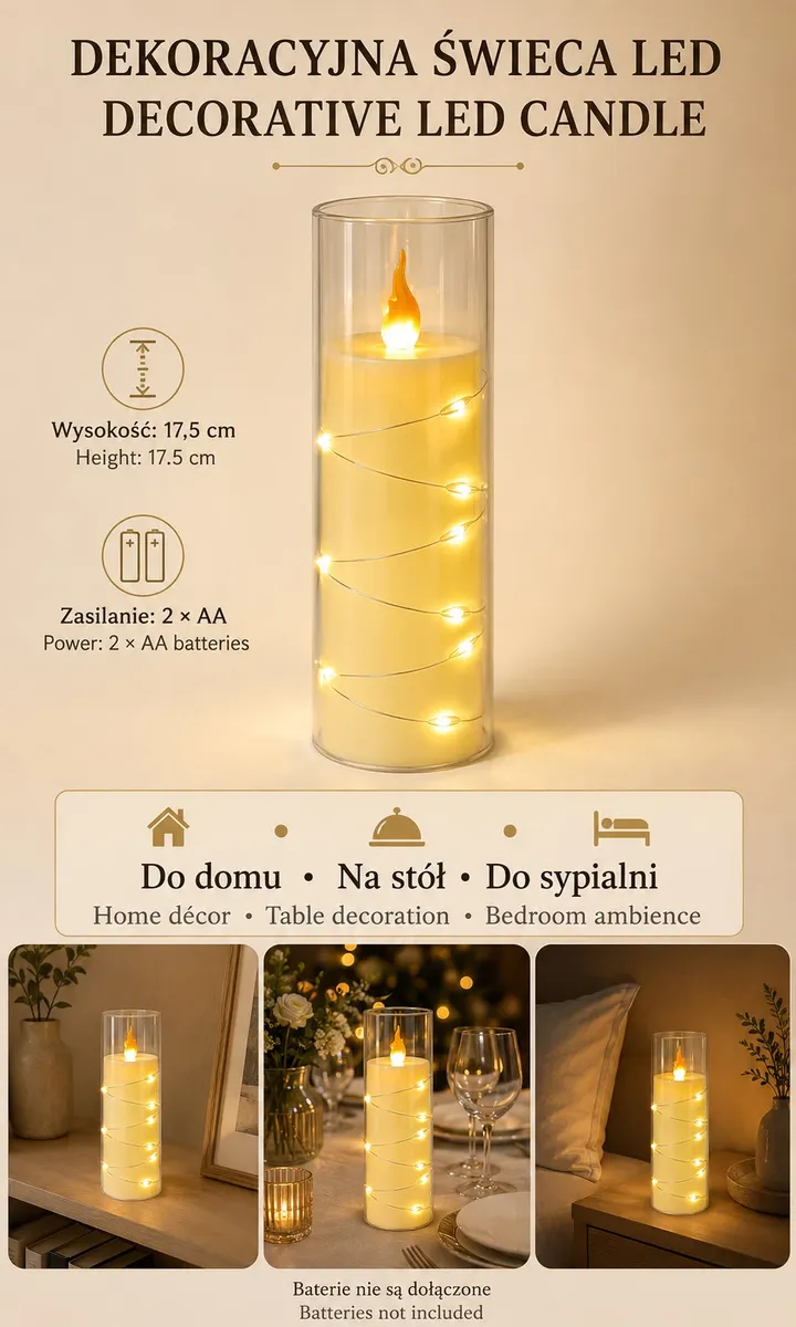 Dekoracyjna kremowa świeca LED 17,5 cm z drucikiem świetlnym i imitacją płomienia