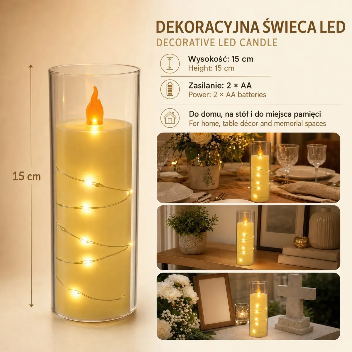Dekoracyjna świeca LED kremowa 15 cm z drucikiem świetlnym i imitacją płomienia