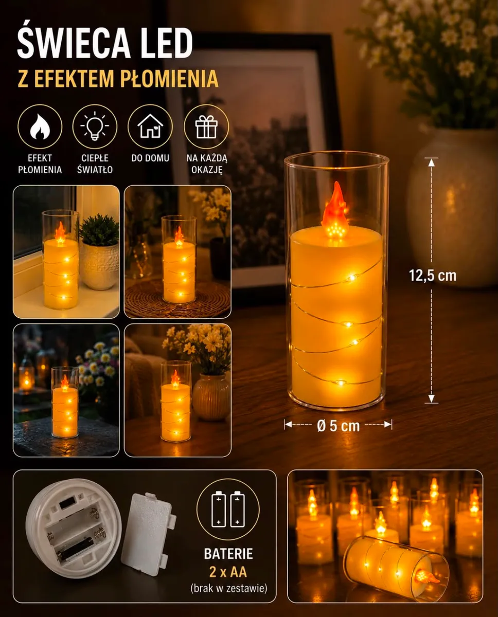Świeca LED w przezroczystym szklanym cylindrze z efektem płomienia i lampkami LED, wysokość 12,5 cm, zasilanie bateriami AA