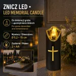 Znicz LED Nagrobny Czarny ze Złotym Krzyżem 15 cm zasilany 2×AA
