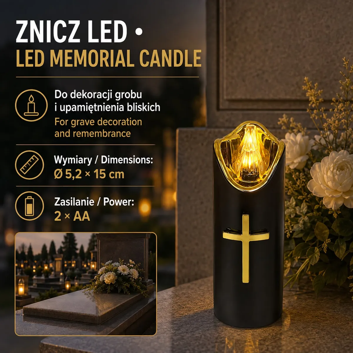 Czarny znicz LED nagrobny z złotym krzyżem i ciepłym światłem na tle nagrobka
