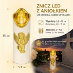 Znicz LED z Aniołkiem 15 cm na baterie 2×AA biało-złoty