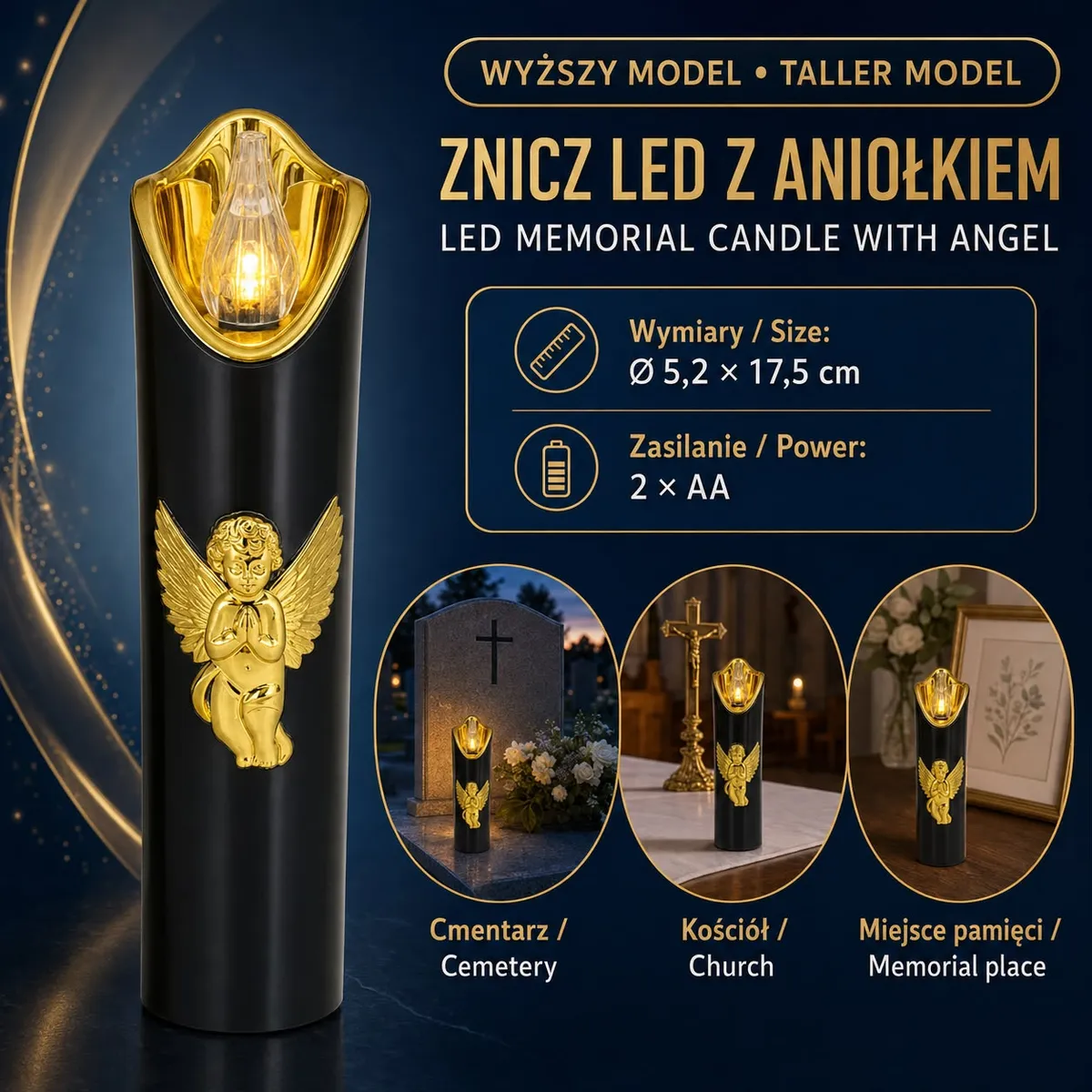 Czarny znicz LED z złotym aniołkiem, wysokość 17,5 cm, zasilany bateriami AA