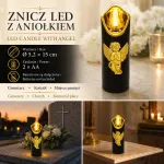 Znicz LED z Aniołkiem czarno-złoty 15 cm dekoracyjny