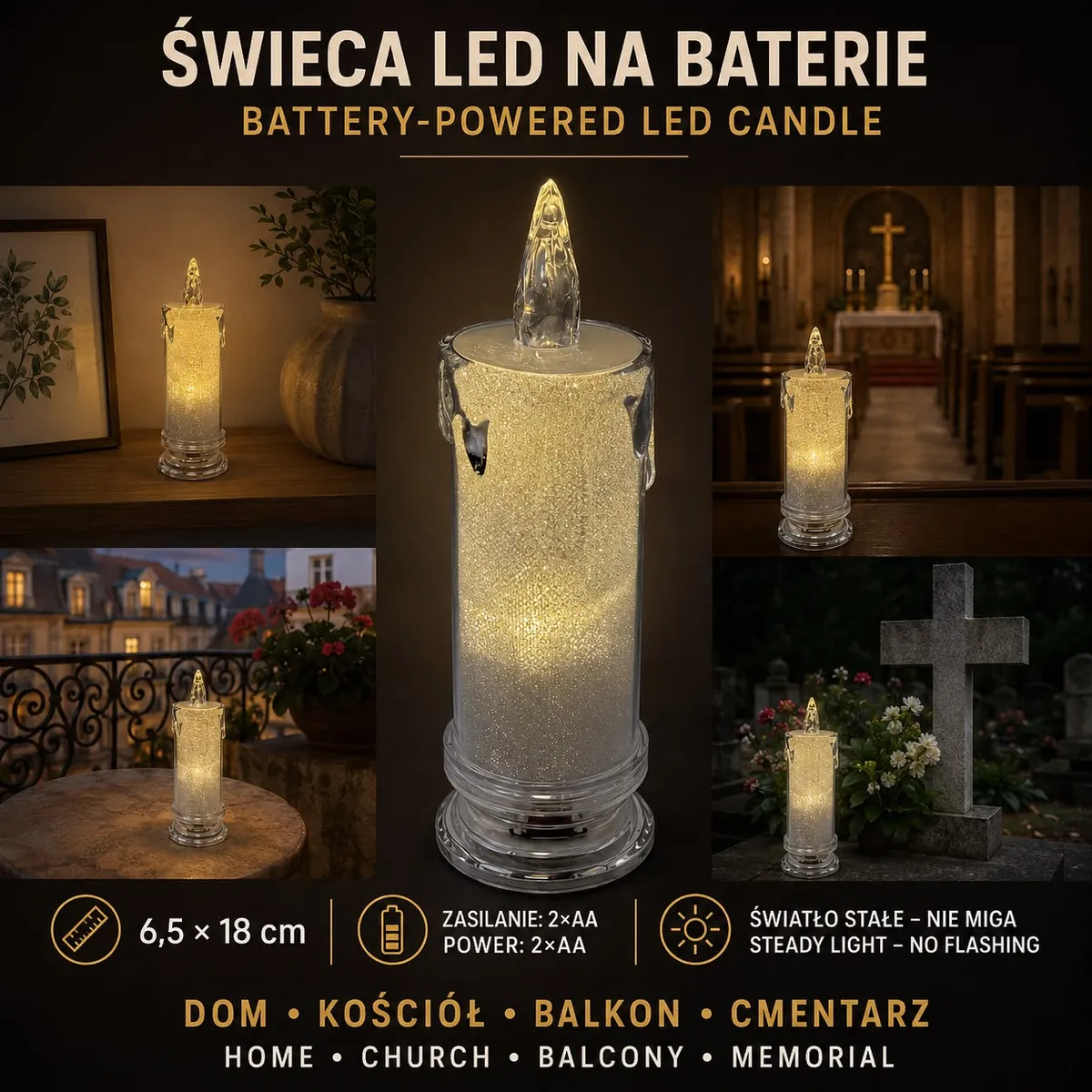 Przezroczysta świeca LED na baterie z imitacją topniejącego wosku i światłem stałym