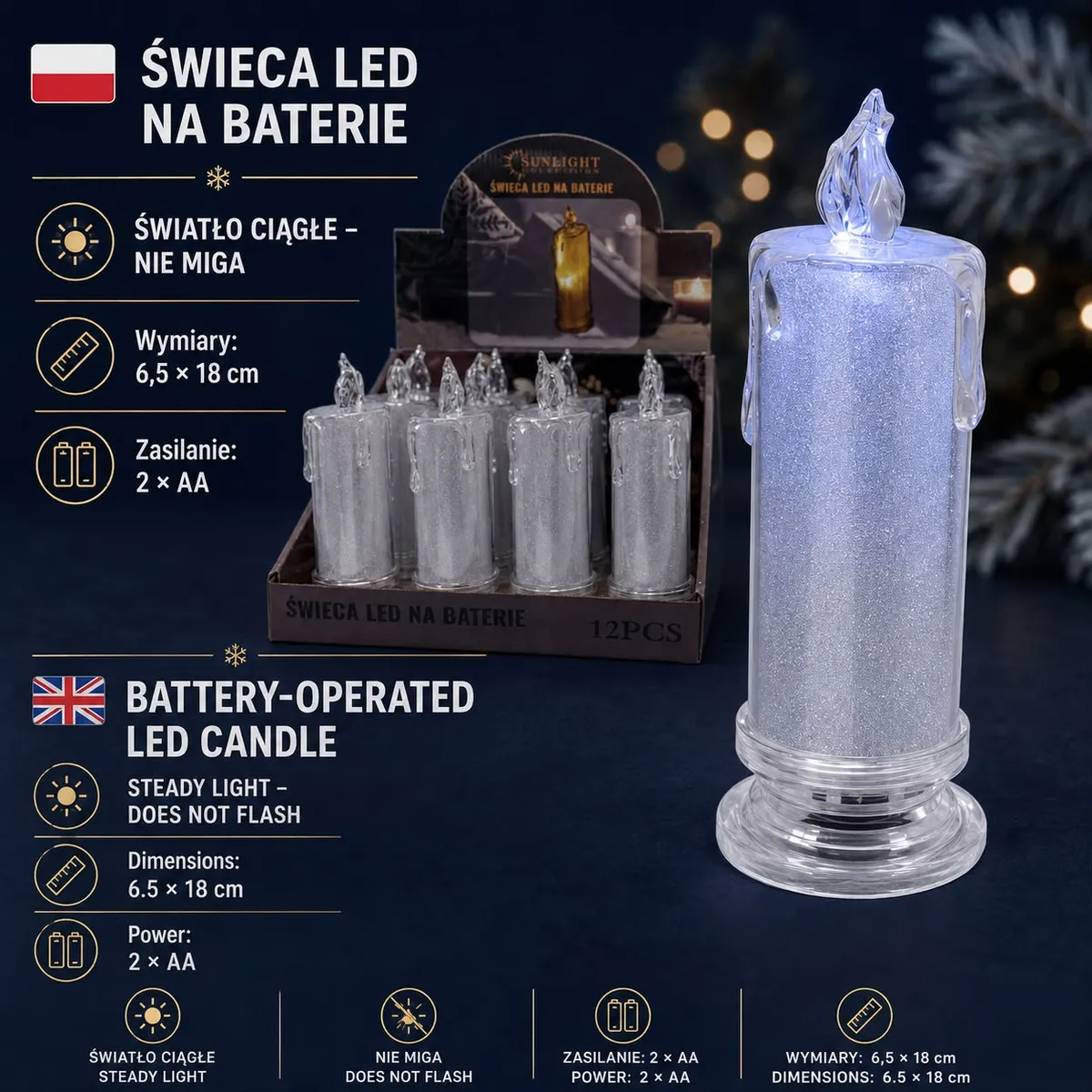 Przezroczysta świeca LED z efektem spływającego wosku i światłem ciągłym na baterie AA