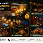 Łańcuch solarny LED 10 żarówek 10 m z pilotem, ciepłe światło