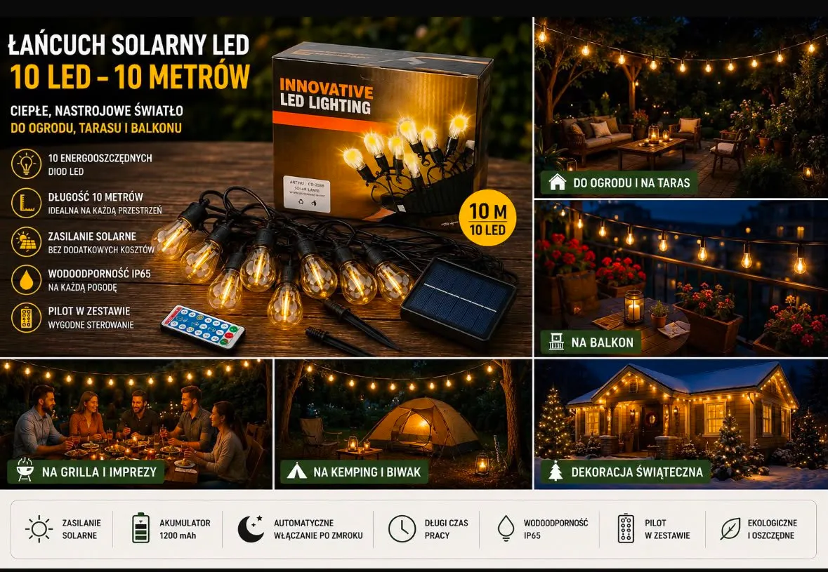 Łańcuch solarny LED z 10 żarówkami, panelem solarnym i pilotem, używany na tarasie i balkonie