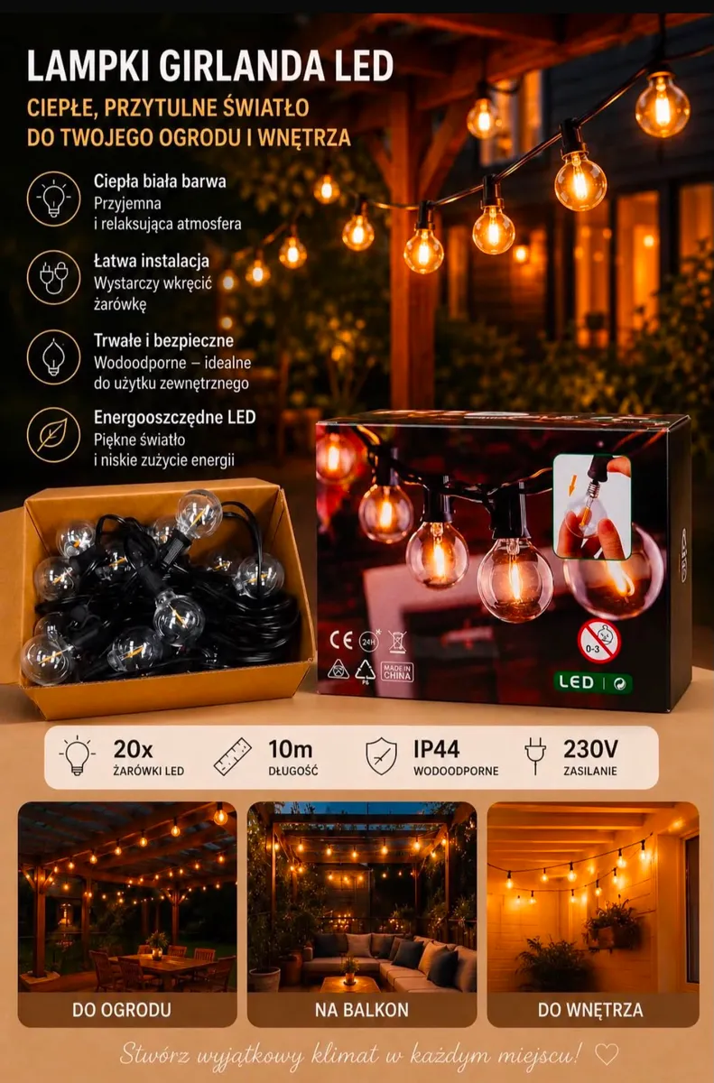 Girlanda LED z 20 żarówkami na czarnym przewodzie, ciepłe światło, opakowanie i zastosowanie w ogrodzie i na balkonie