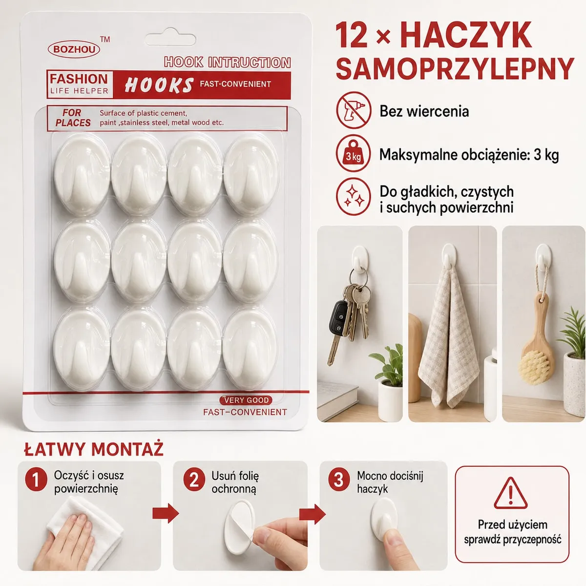 Białe samoprzylepne haczyki ścienne w opakowaniu 12 sztuk z instrukcją montażu i przykładami zastosowania