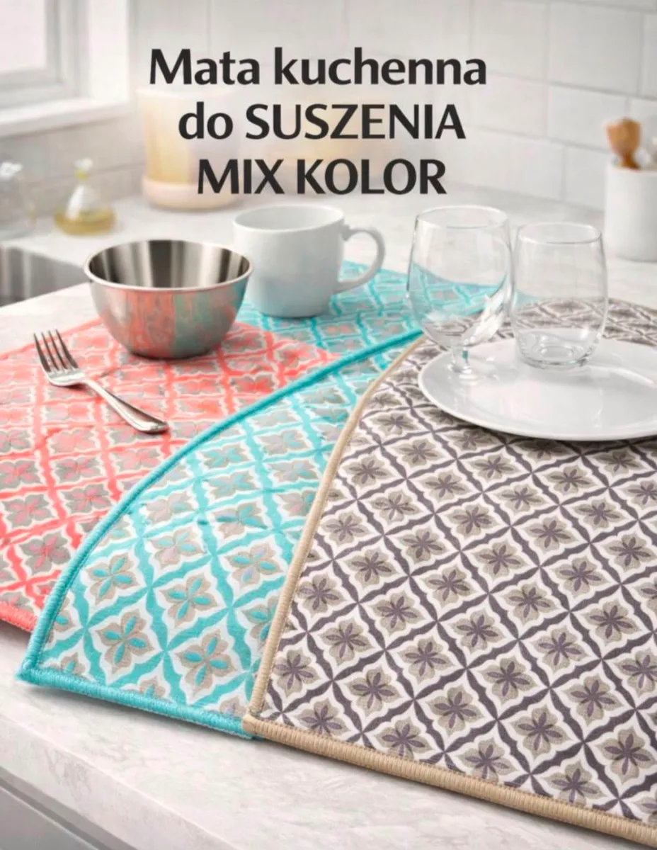 Trzy maty kuchenne do suszenia naczyń w kolorach koralowym, turkusowym i beżowo-szarym z geometrycznym wzorem