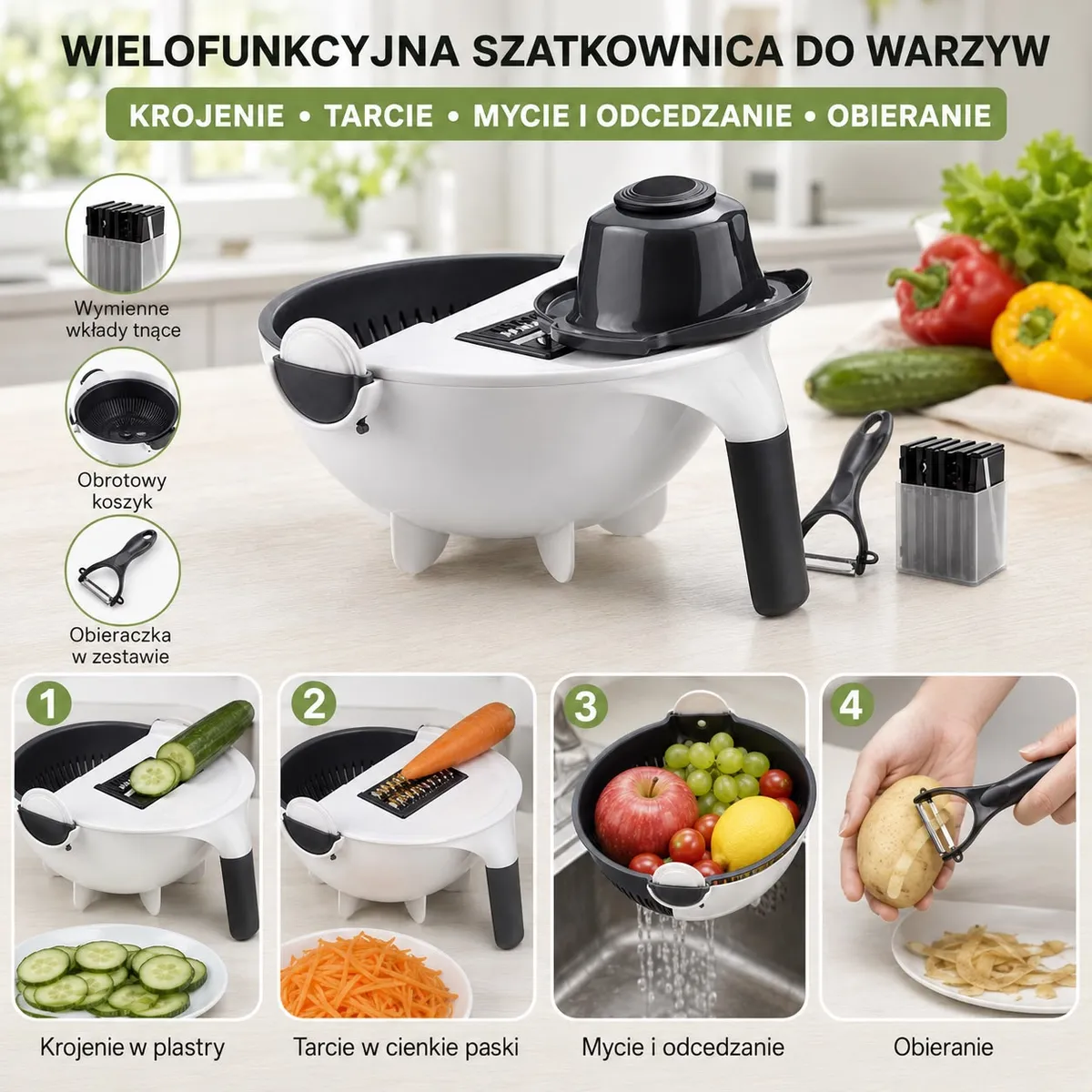 biało-czarna szatkownica do warzyw z obrotowym koszykiem, wymiennymi wkładami i obieraczką