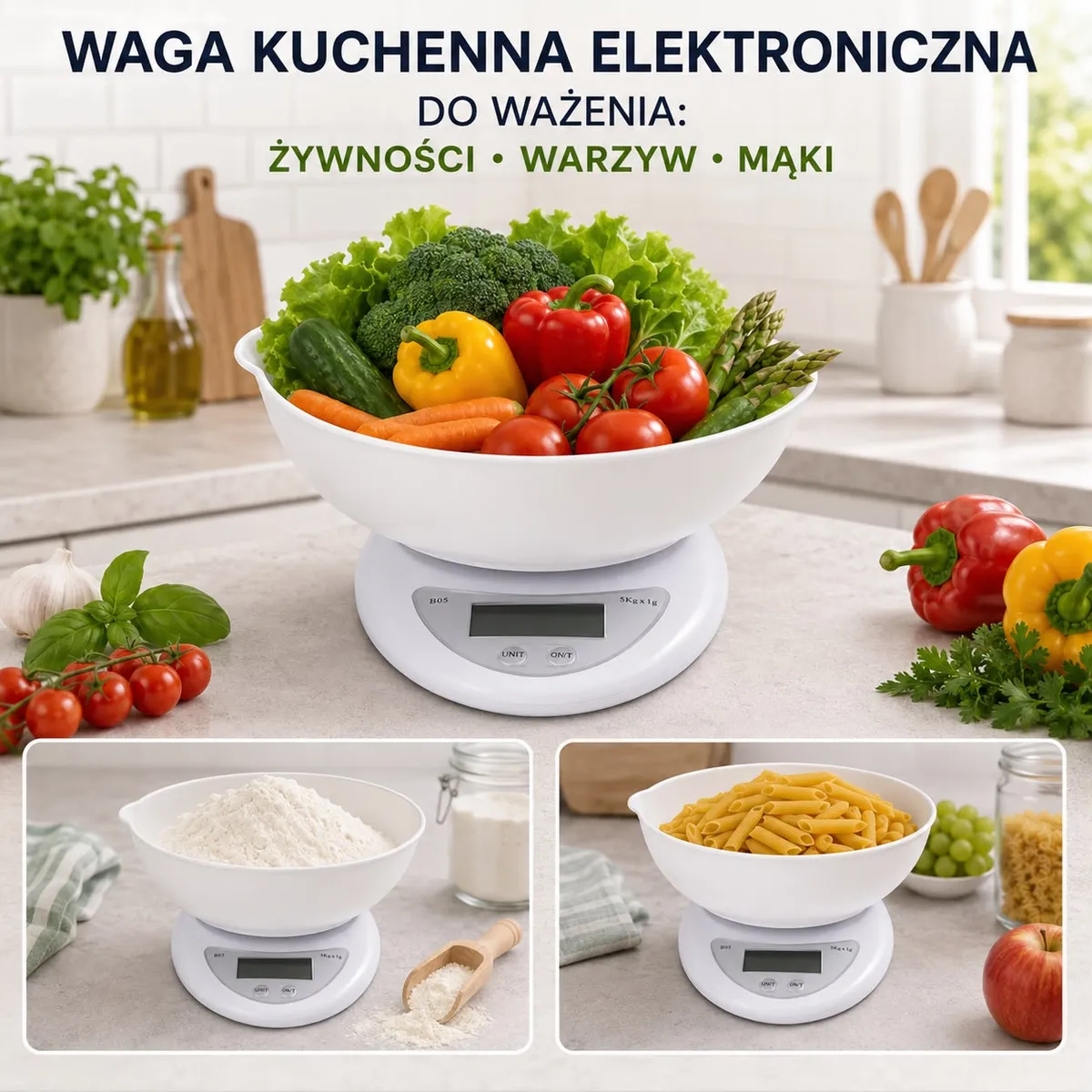 biała elektroniczna waga kuchenna z plastikową misą i wyświetlaczem LCD na blacie kuchennym