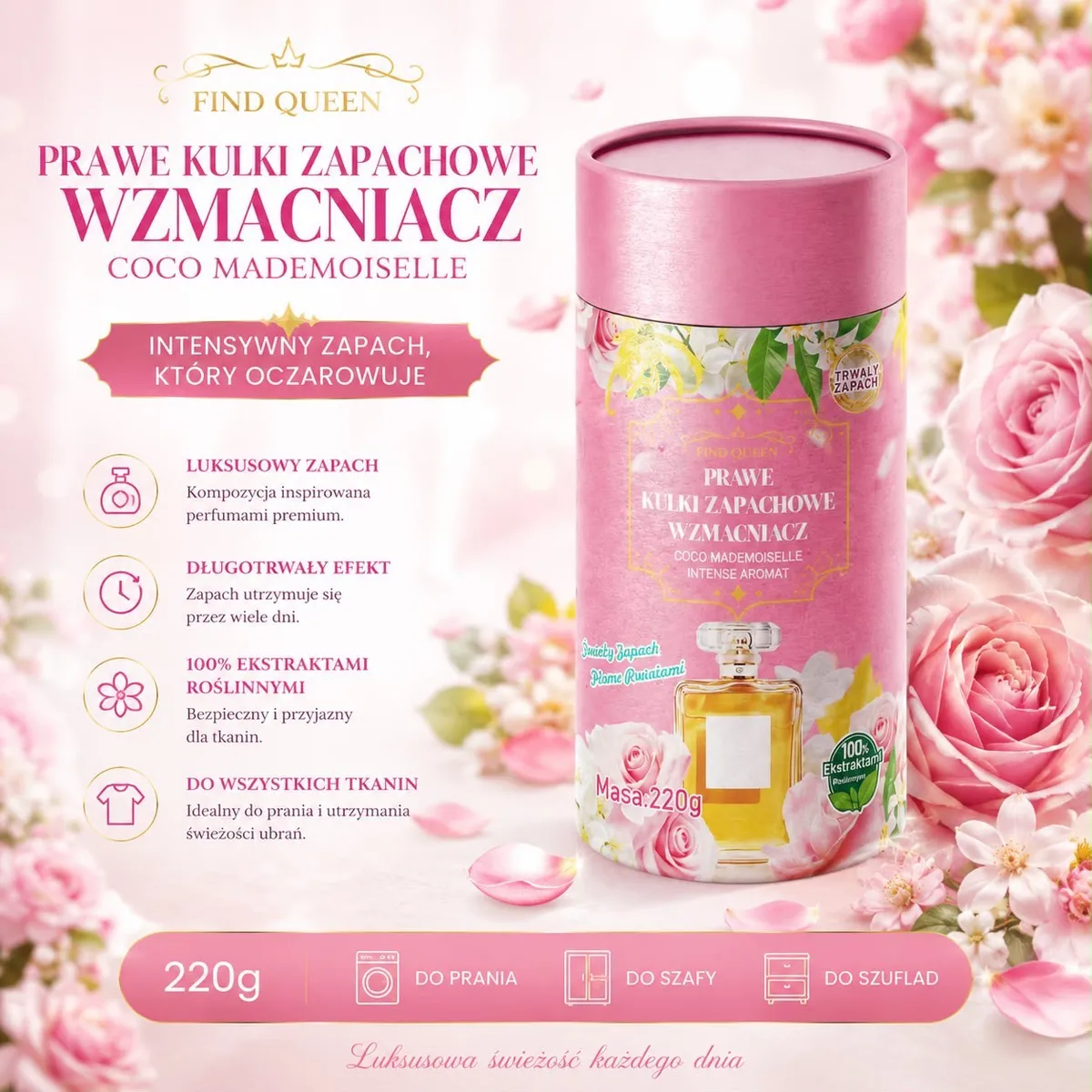 Różowy pojemnik z prawie kulkami zapachowymi Coco Mademoiselle 220g na tle różowych kwiatów