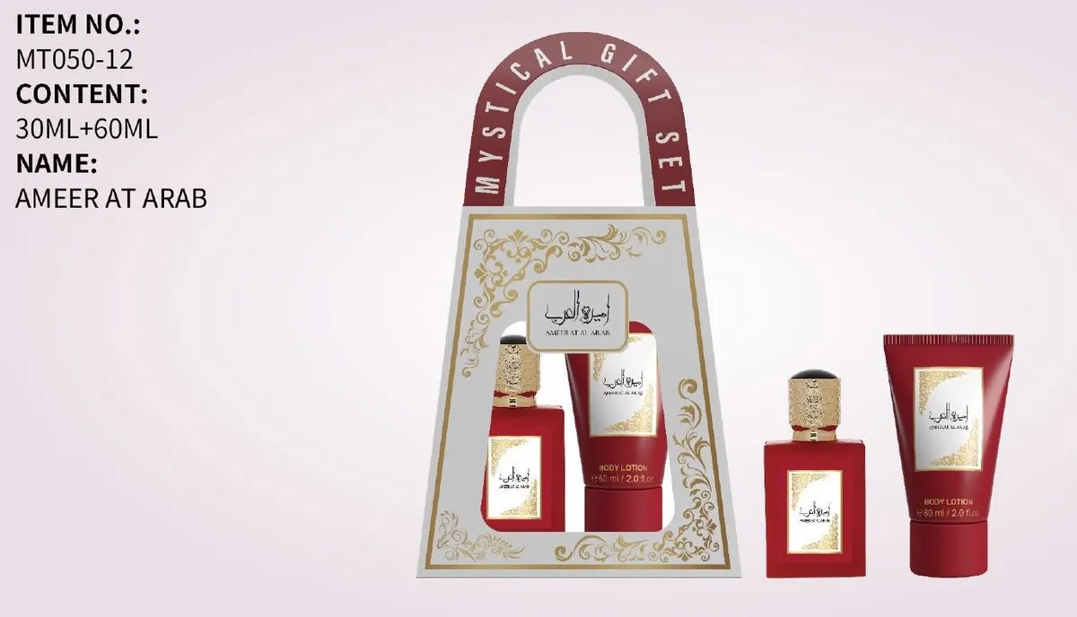 Zestaw prezentowy czerwonych perfum 30ml i balsamu do ciała 60ml w ozdobnym opakowaniu z uchwytem