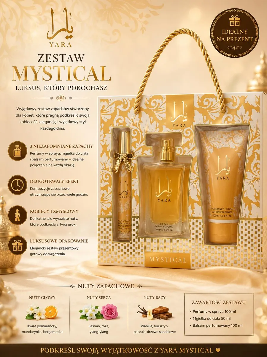 Złoto-biały zestaw YARA Mystical z perfumami, balsamem i mgiełką w eleganckim opakowaniu z uchwytem