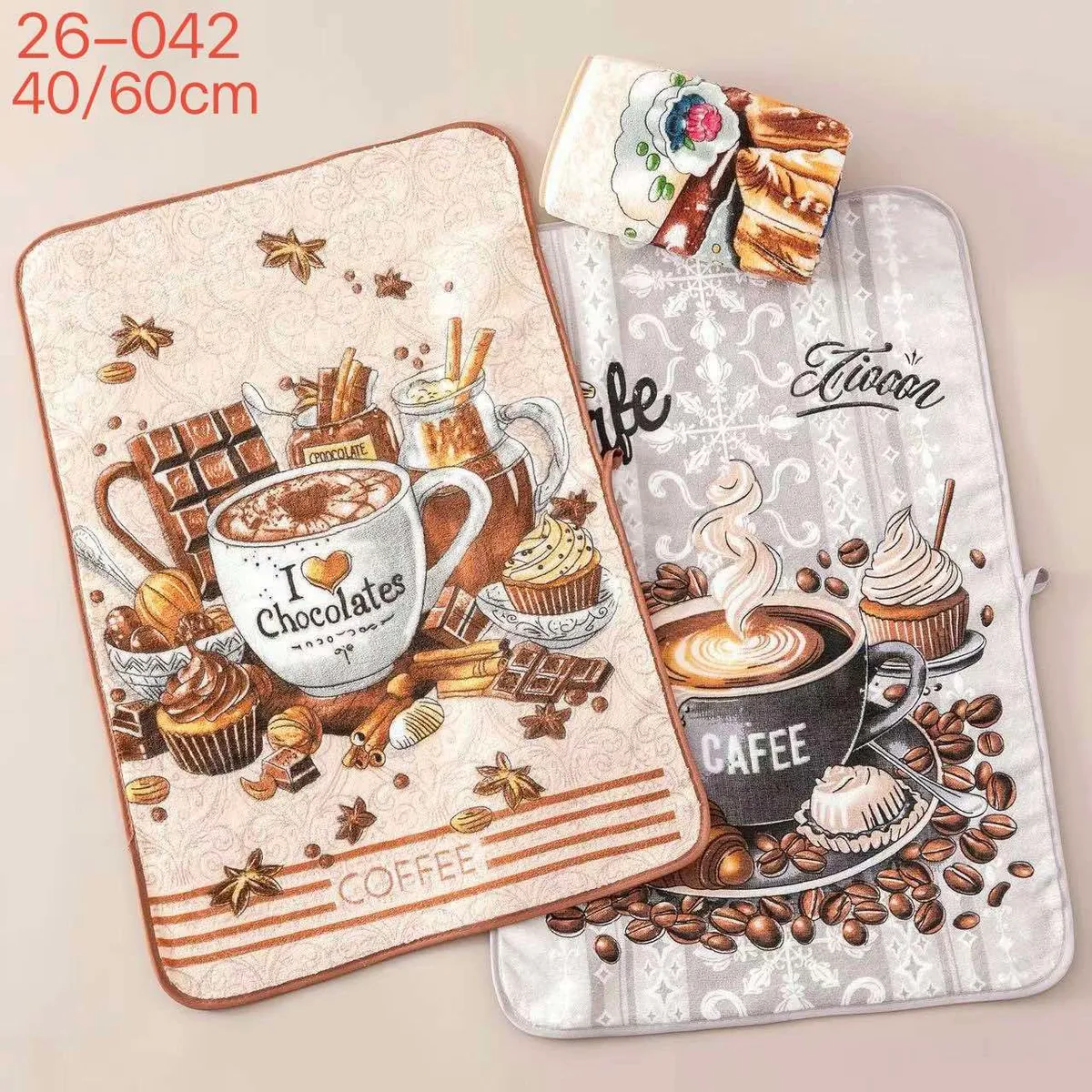 Dwie ścierki z mikrofibry 40x60 cm z nadrukiem kawy, ciastek i ziaren kawy w ciepłych kolorach