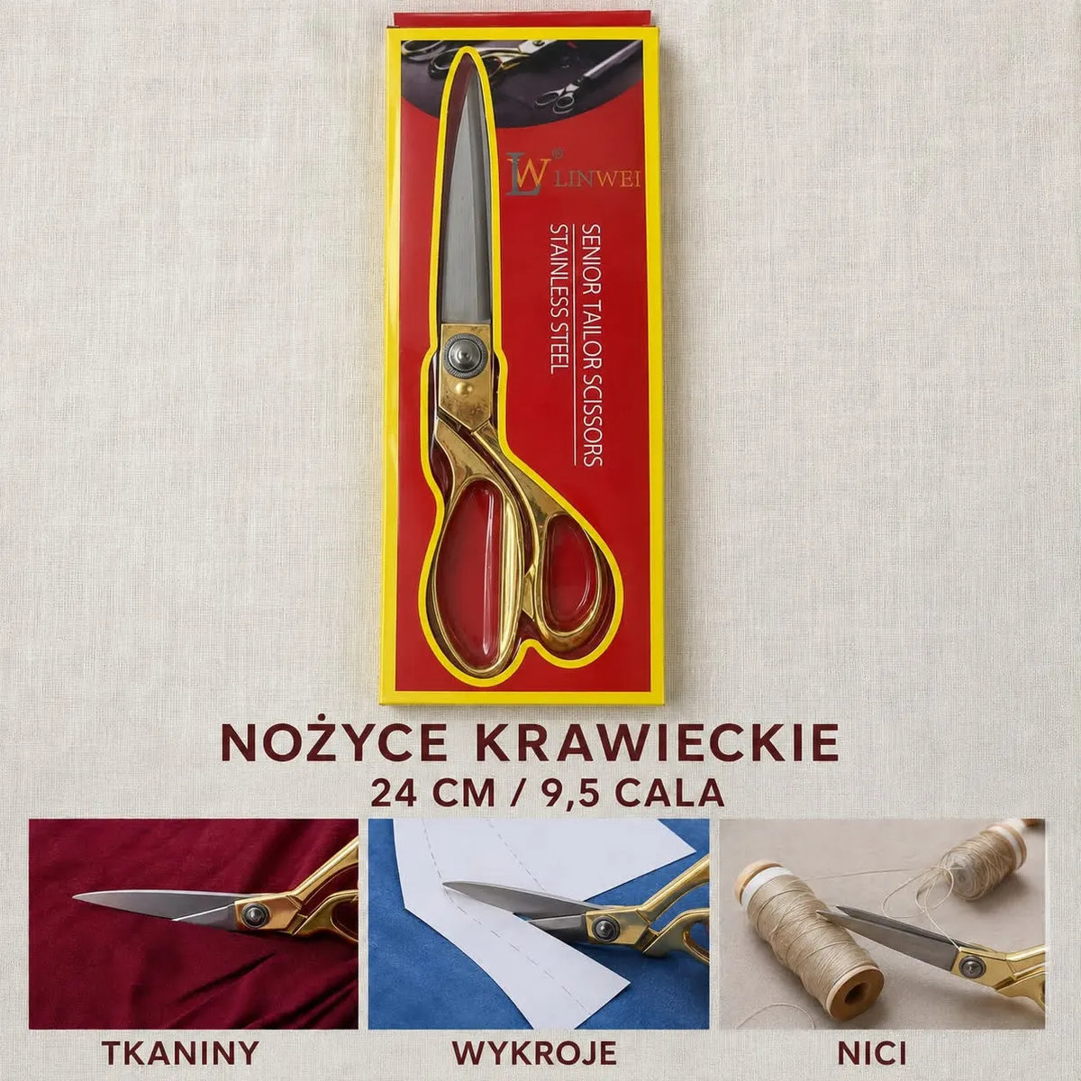 Nożyce krawieckie 24 cm ze stali nierdzewnej z złotymi uchwytami w opakowaniu z czerwonym tłem i żółtą ramką