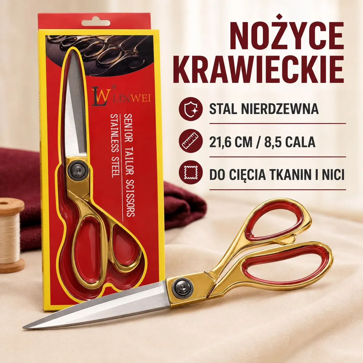 Nożyce krawieckie stal nierdzewna 21,6 cm z czerwono-złotą rączką w opakowaniu