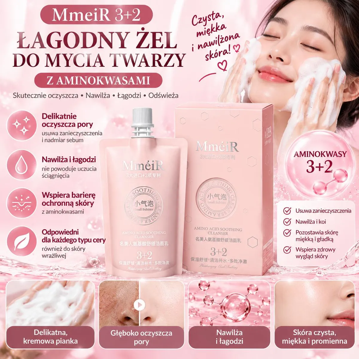 Różowe opakowanie żelu do mycia twarzy MméiR 3+2 z aminokwasami i kobieta myjąca twarz pianką