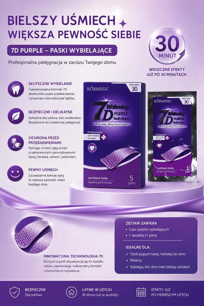 Fioletowe opakowanie i saszetka pasków wybielających do zębów KORMESIC 7D Purple