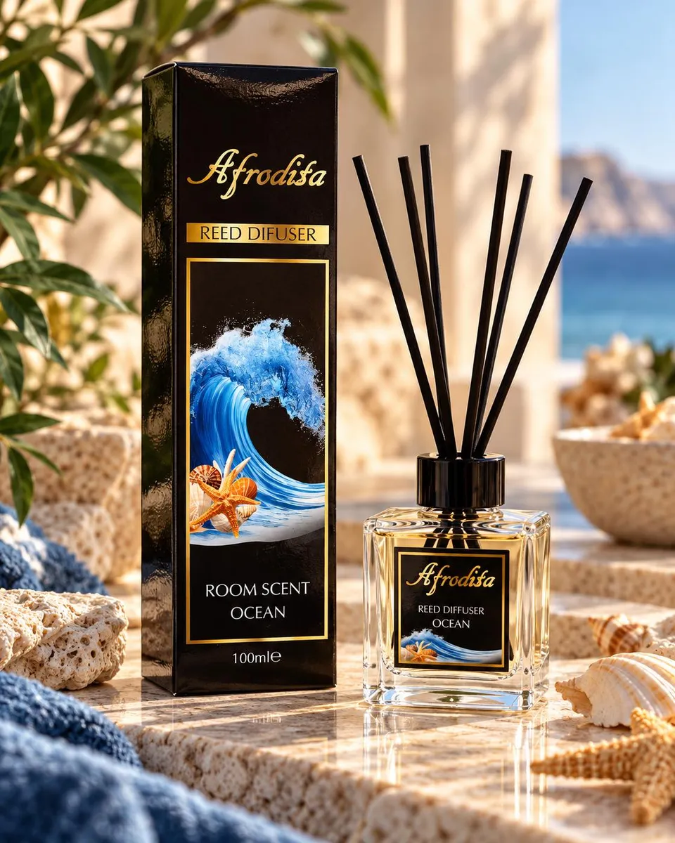 Reed difuzor Afrodita ocean 100 ml z czarnymi patyczkami i opakowaniem z motywem morskiej fali