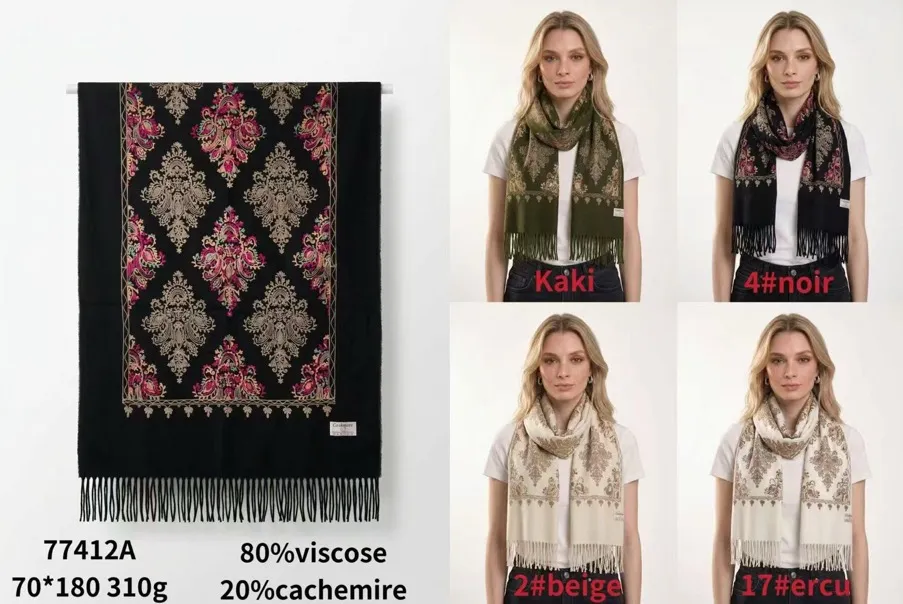 cztery szaliki damskie z frędzlami w kolorach khaki, czarnym, beżowym i ecru z orientalnym wzorem
