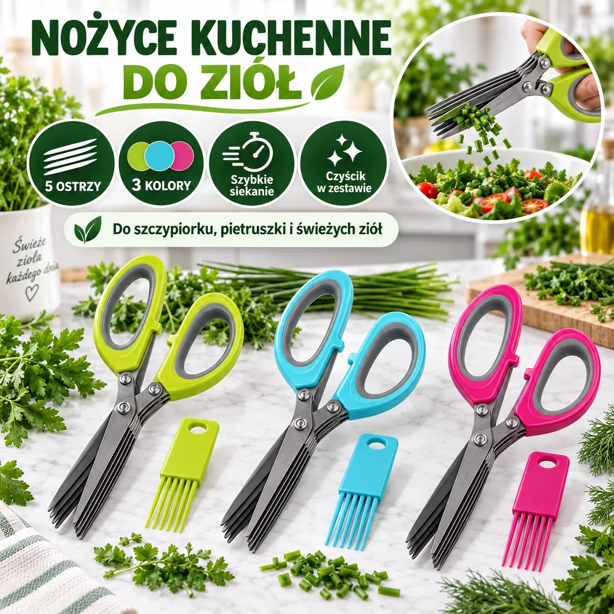 Nożyce kuchenne do ziół z 5 ostrzami w kolorach zielonym, niebieskim i różowym z czyścikiem