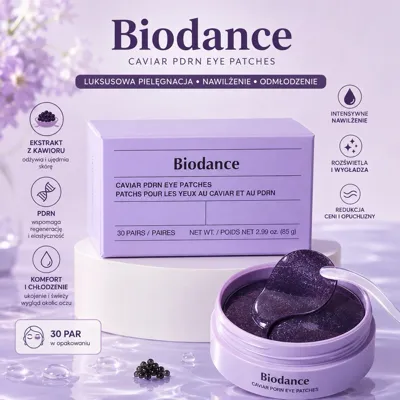 Fioletowe hydrożelowe płatki pod oczy Biodance Caviar PDRN w okrągłym opakowaniu z napisem i grafiką kawioru