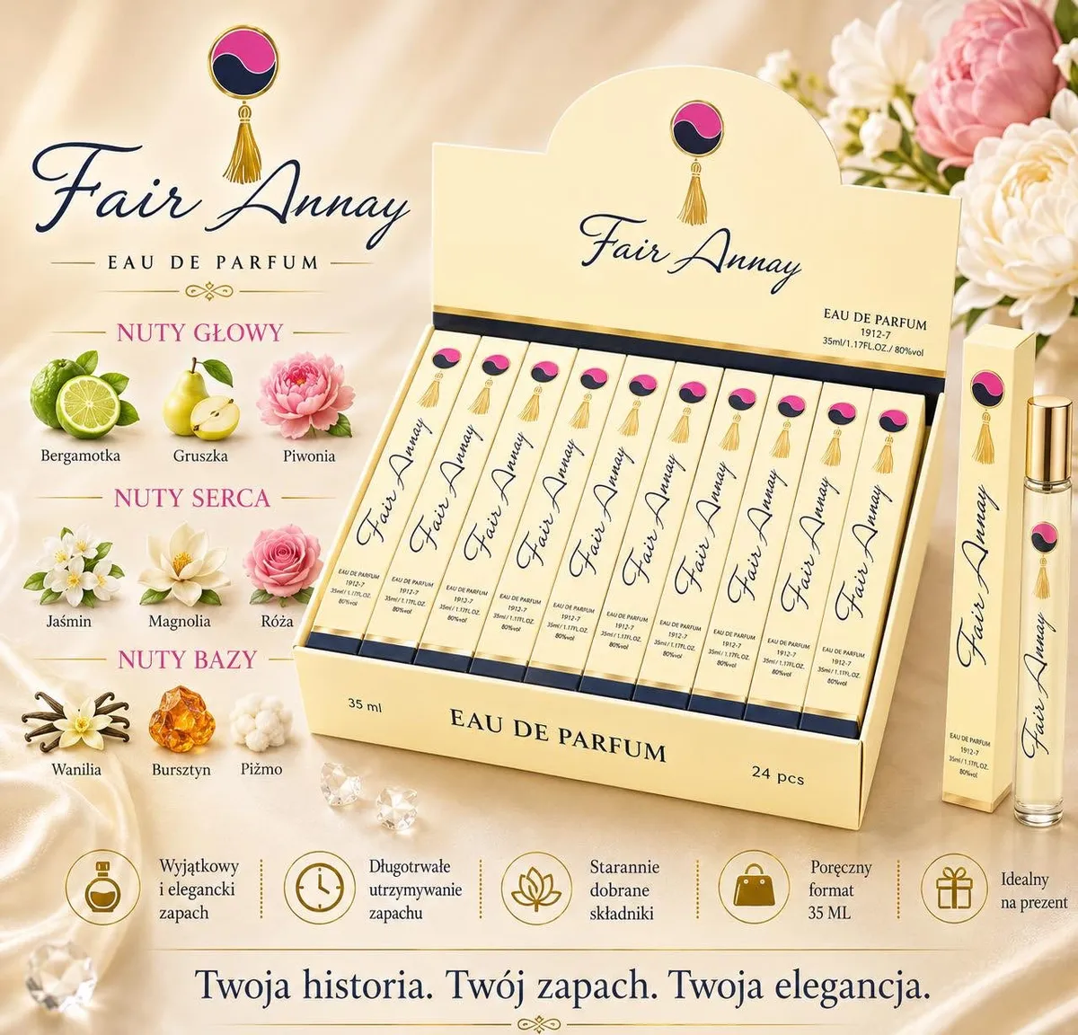 Zestaw 24 perfum Fair Annay 35 ml w kremowych opakowaniach z różowo-czarnym logo i złotym akcentem