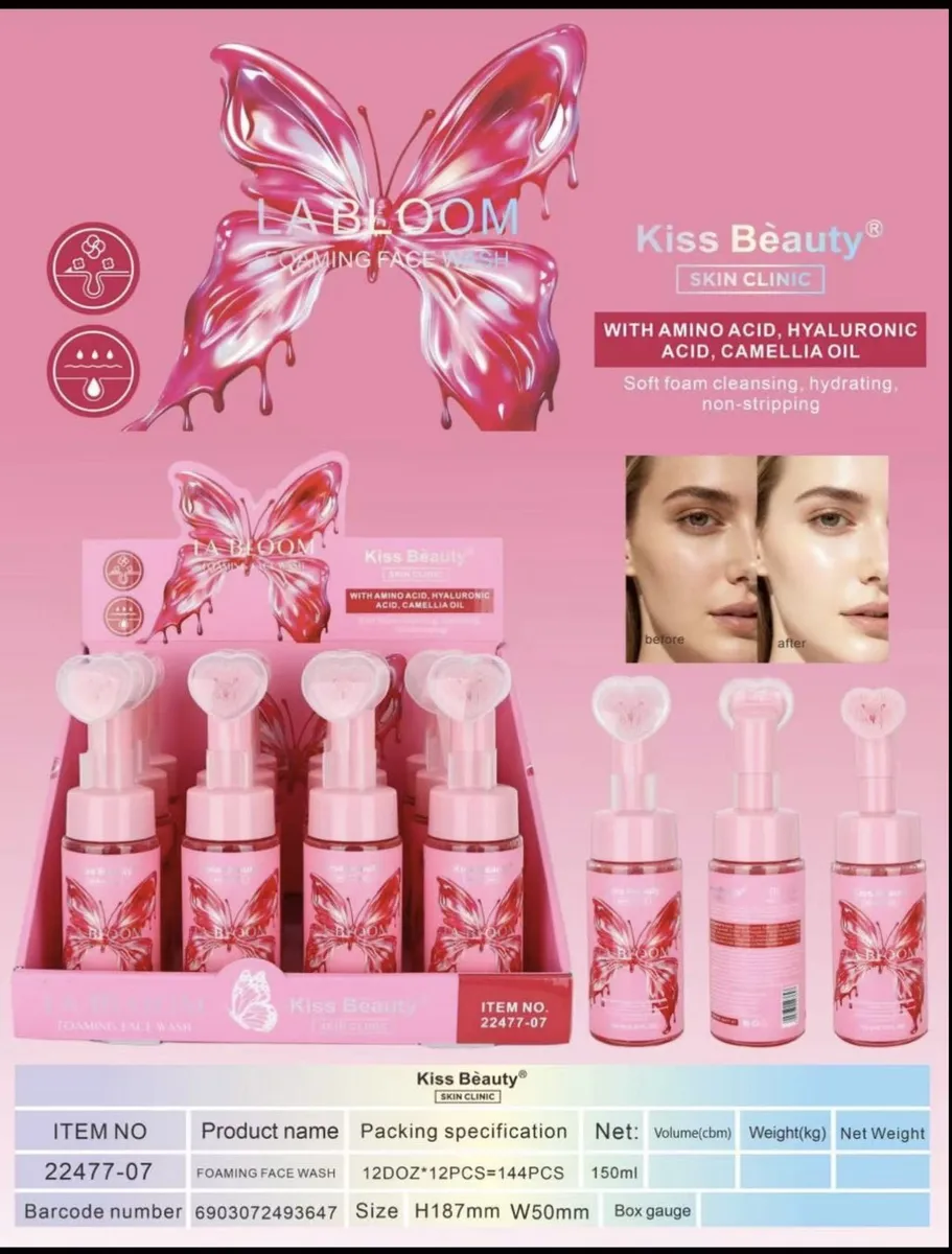 Różowa pianka do mycia twarzy Kiss Beauty z motylem i pompką serduszkiem, opakowanie 150 ml