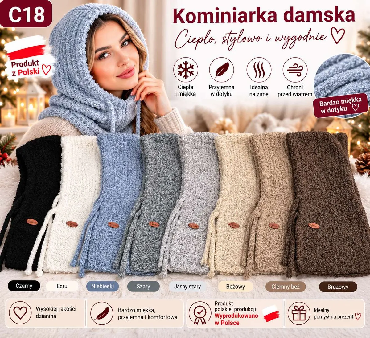 Kominiarki damskie w ośmiu kolorach na tle świątecznym, miękka dzianina z wiązaniami