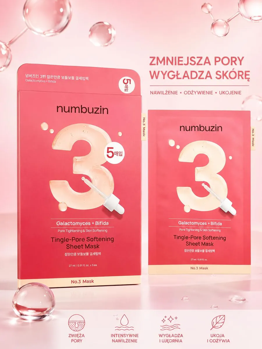 Opakowanie różowo-czerwonej maski w płachcie Numbuzin No.3 z dużą cyfrą 3 i pipetą, 5 sztuk w opakowaniu