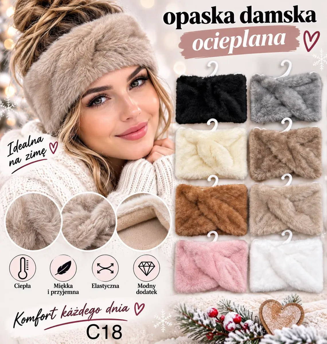 Kobieta w beżowej ocieplanej opasce damskiej, obok 8 kolorów opasek na wieszakach