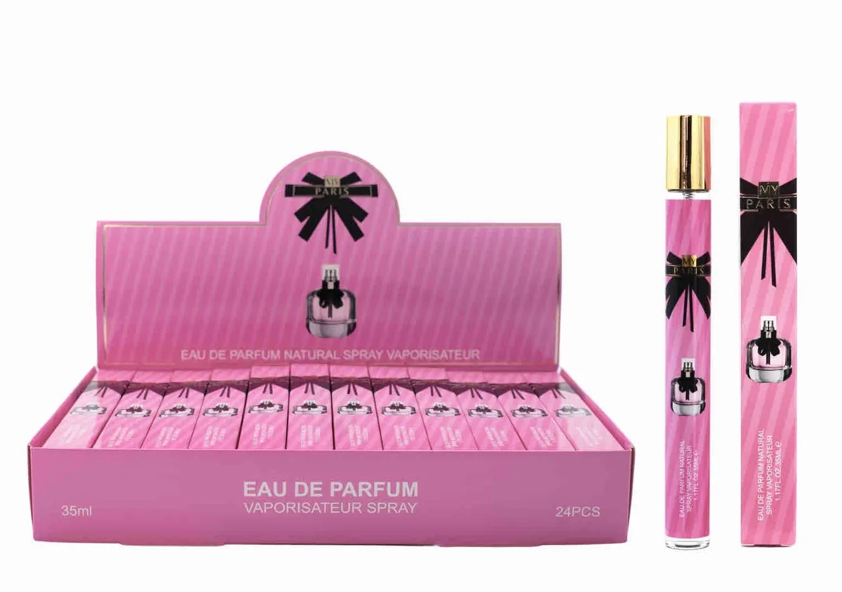 Różowe perfumy My Paris 35ml w sprayu z złotą nakrętką i czarną kokardą, opakowanie zbiorcze 24 sztuki