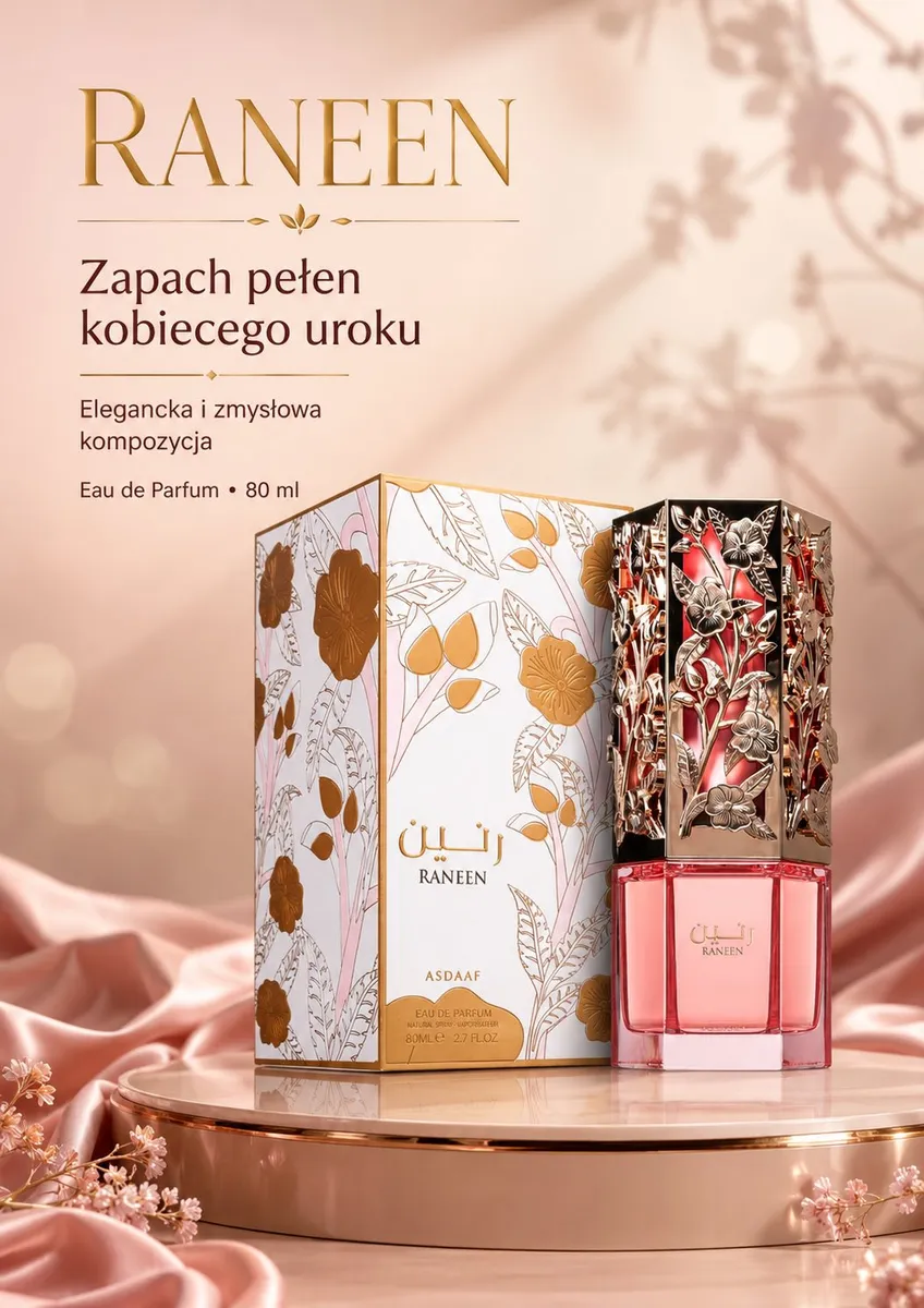 Perfumy RANEEN Asdaaf 80 ml z różowym flakonem i złotym zdobionym korkiem oraz kartonowym opakowaniem z kwiatowym motywem