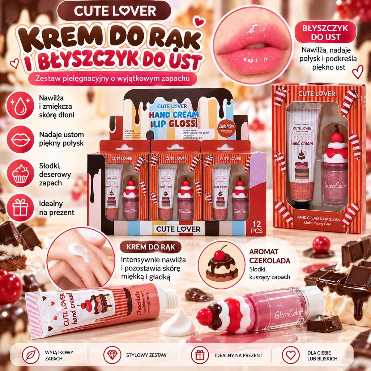Zestaw kosmetyków Cute Lover krem do rąk i błyszczyk do ust w opakowaniu z motywem deserowym