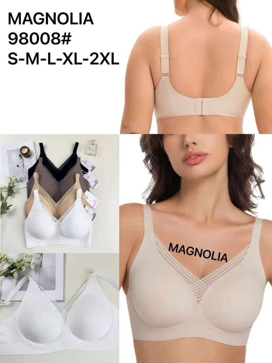 Beżowy biustonosz Magnolia na modelce, widok z przodu i tyłu oraz zestaw w różnych kolorach