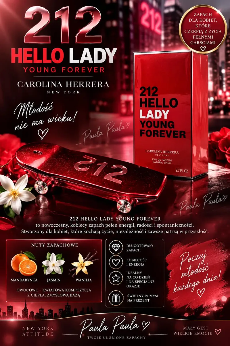 Czerwony flakon perfum Carolina Herrera 212 Hello Lady Young Forever z opakowaniem i grafiką miasta w tle