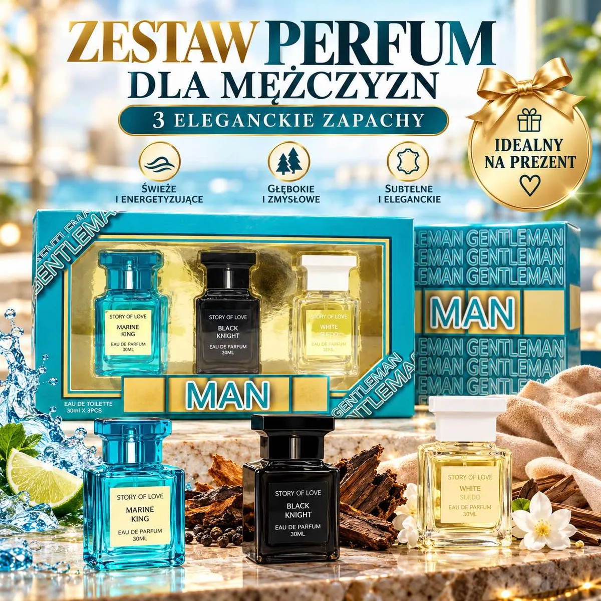 Zestaw trzech perfum męskich w niebieskim, czarnym i białym flakonie w opakowaniu prezentowym