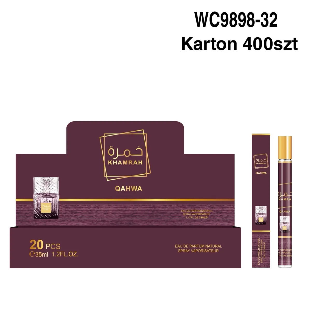 Perfumetki arabskie QAHWA 35ml w fioletowej buteleczce z atomizerem i złotymi detalami, opakowanie zbiorcze 20 sztuk