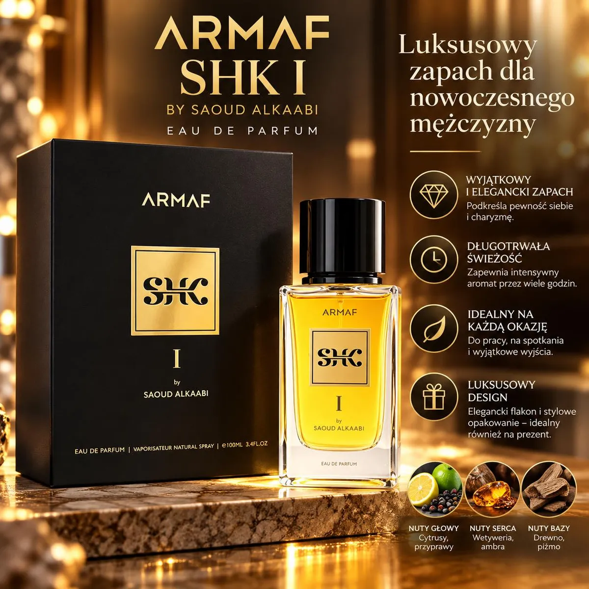 Flakon perfum Armaf SHK I 100ml z czarną zakrętką i czarne opakowanie z złotymi napisami