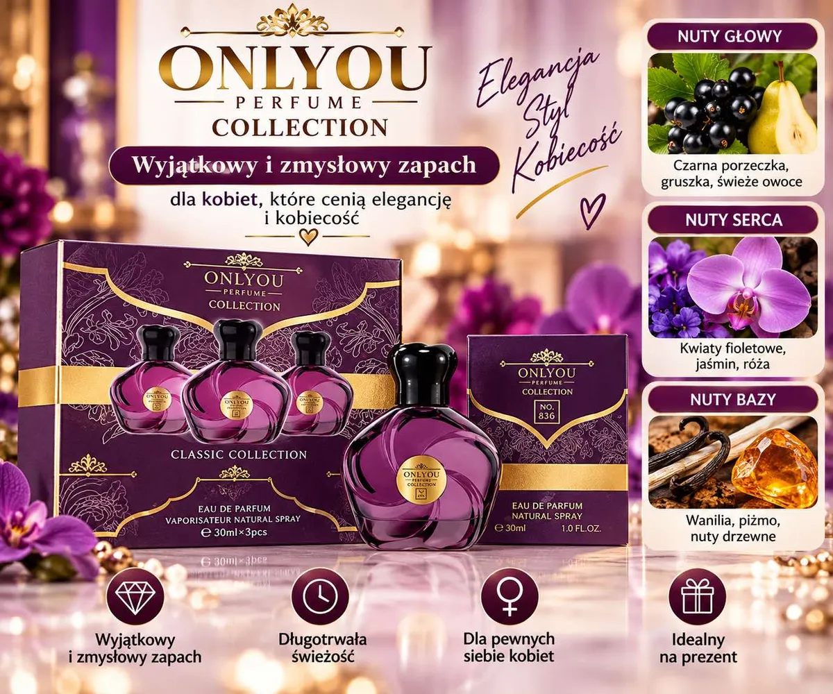 Fioletowe flakony perfum Onlyou Collection 30ml z czarną zakrętką i złotymi detalami, opakowanie zbiorcze